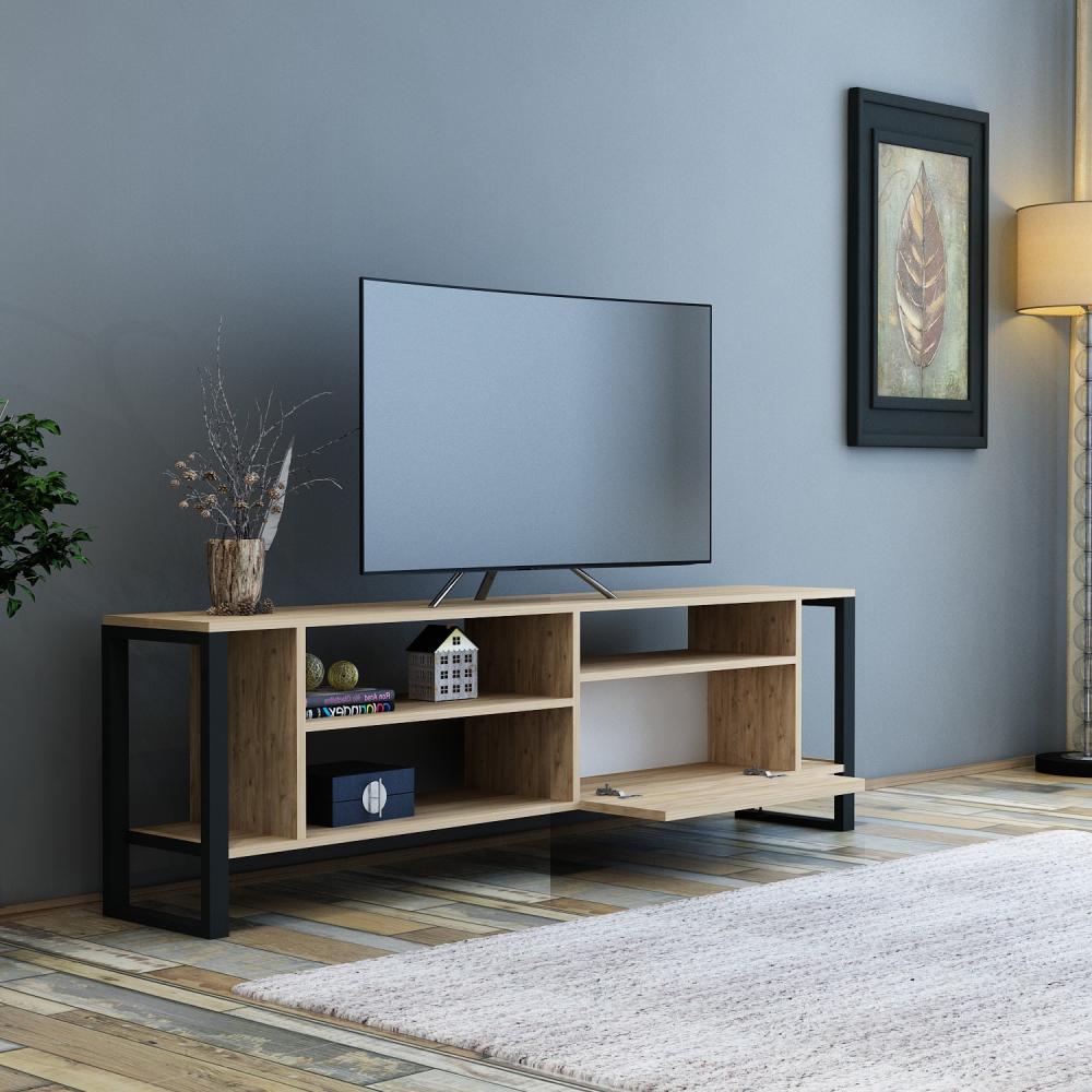 TV-meubel 150 cm Staand - Eiken - Zwart metalen poten | Neptunus