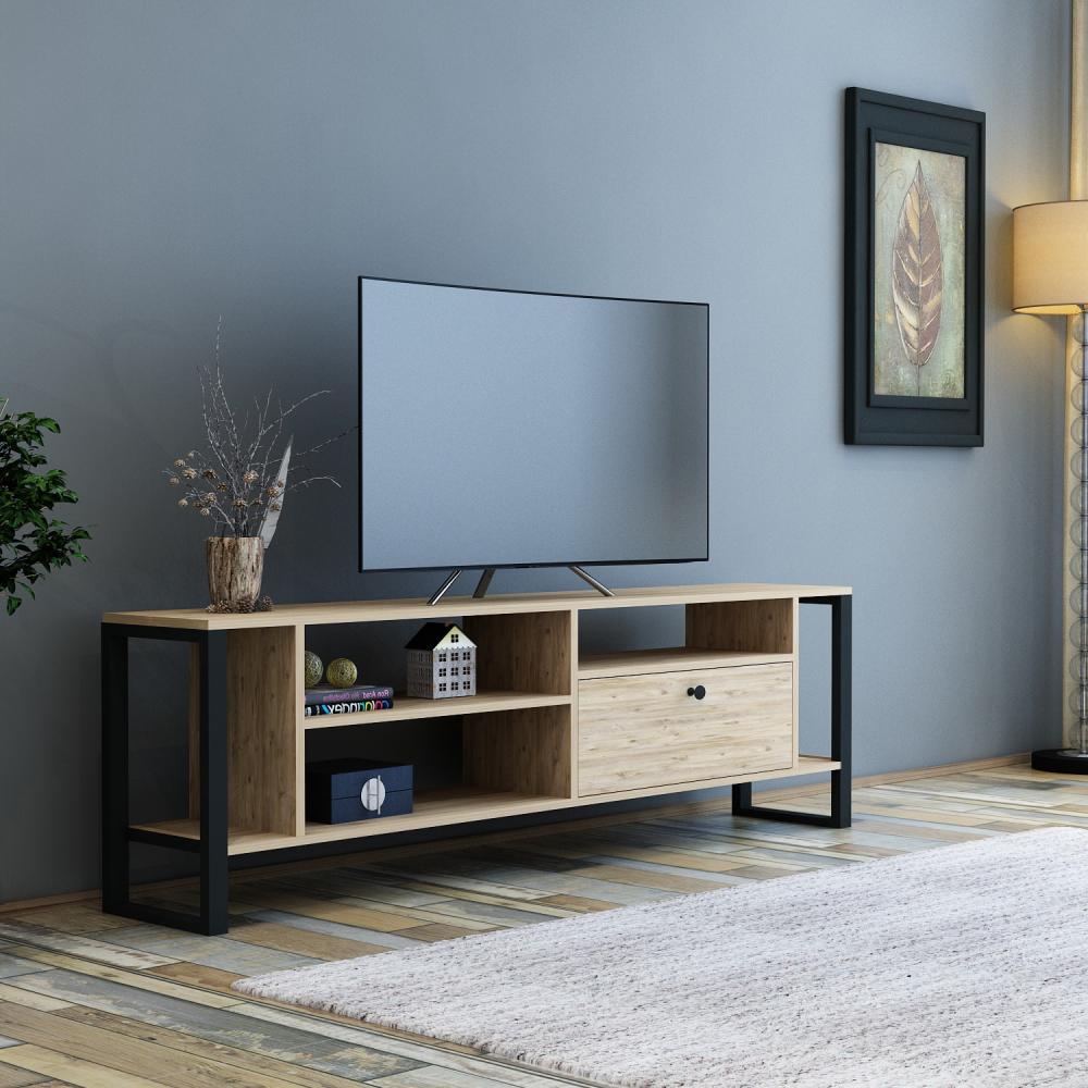 TV-meubel 150 cm Staand - Eiken - Zwart metalen poten | Neptunus