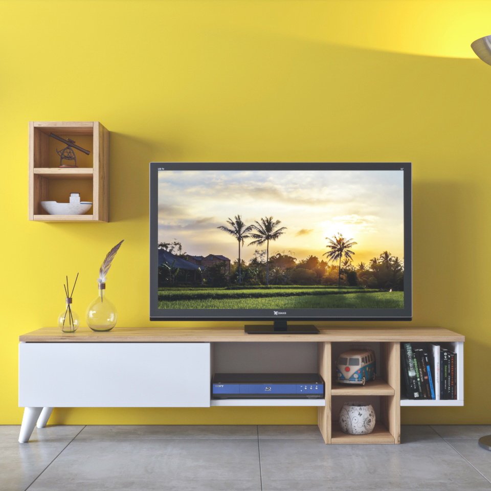 Meuble TV 140 cm Debout - Blanc - Chêne avec Etagère murale | Fredo