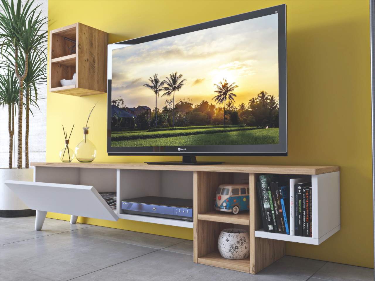 Meuble TV 140 cm Debout - Blanc - Chêne avec Etagère murale | Fredo