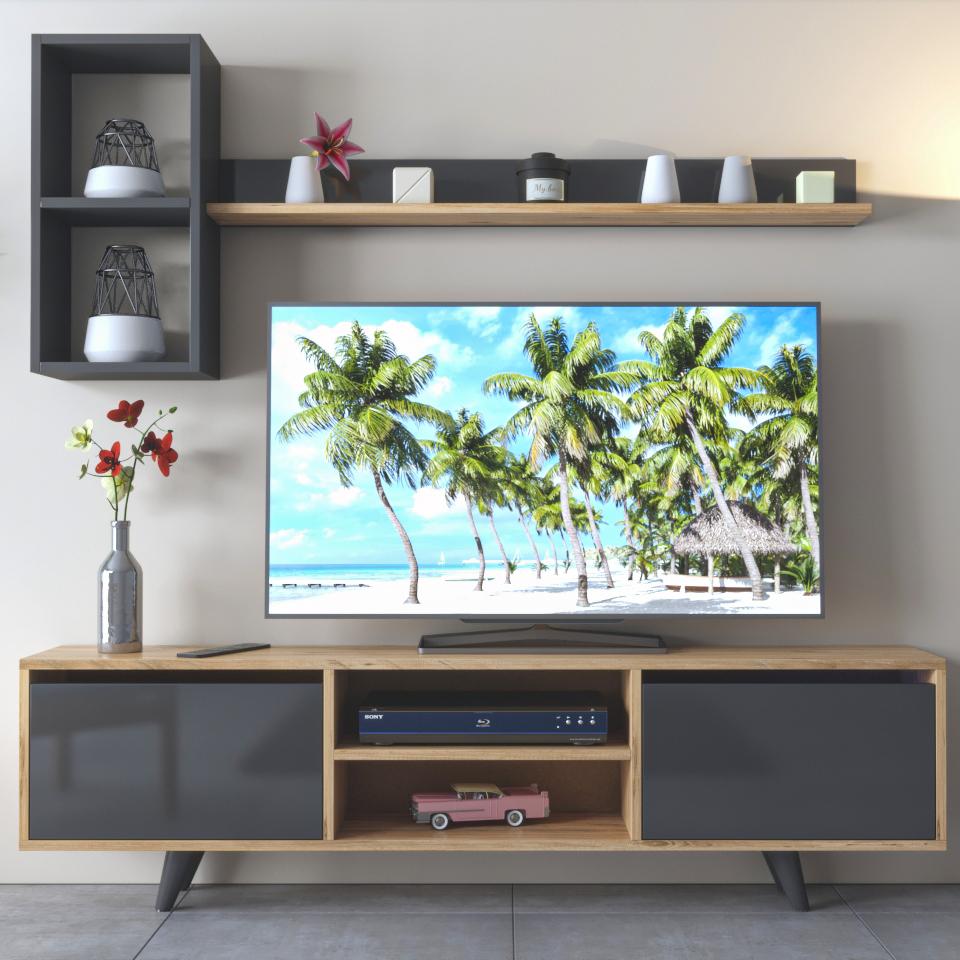 Meuble TV 160 cm Debout - Anthracite - Chêne avec Etagères murales | Vaboni