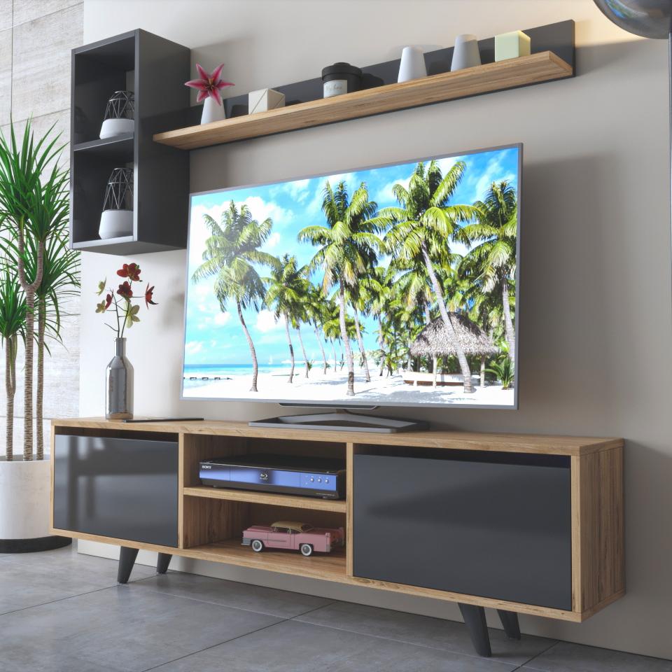 TV-meubel 160 cm Staand - Antraciet - Eiken met Wandplanken | Vaboni