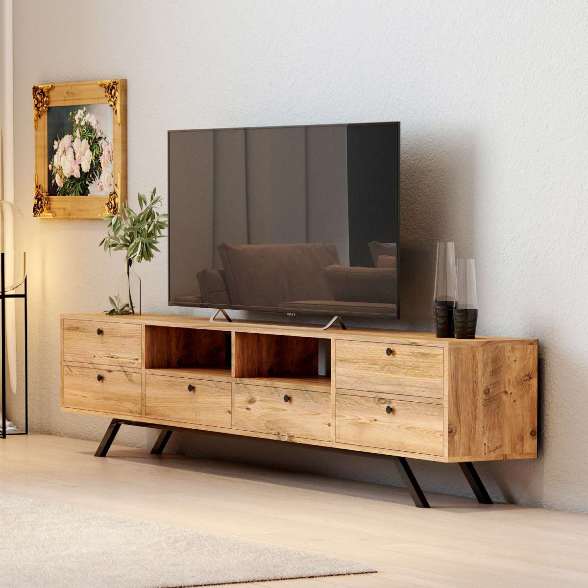 Meuble TV 180 cm Debout - Chêne 4 portes | Boni