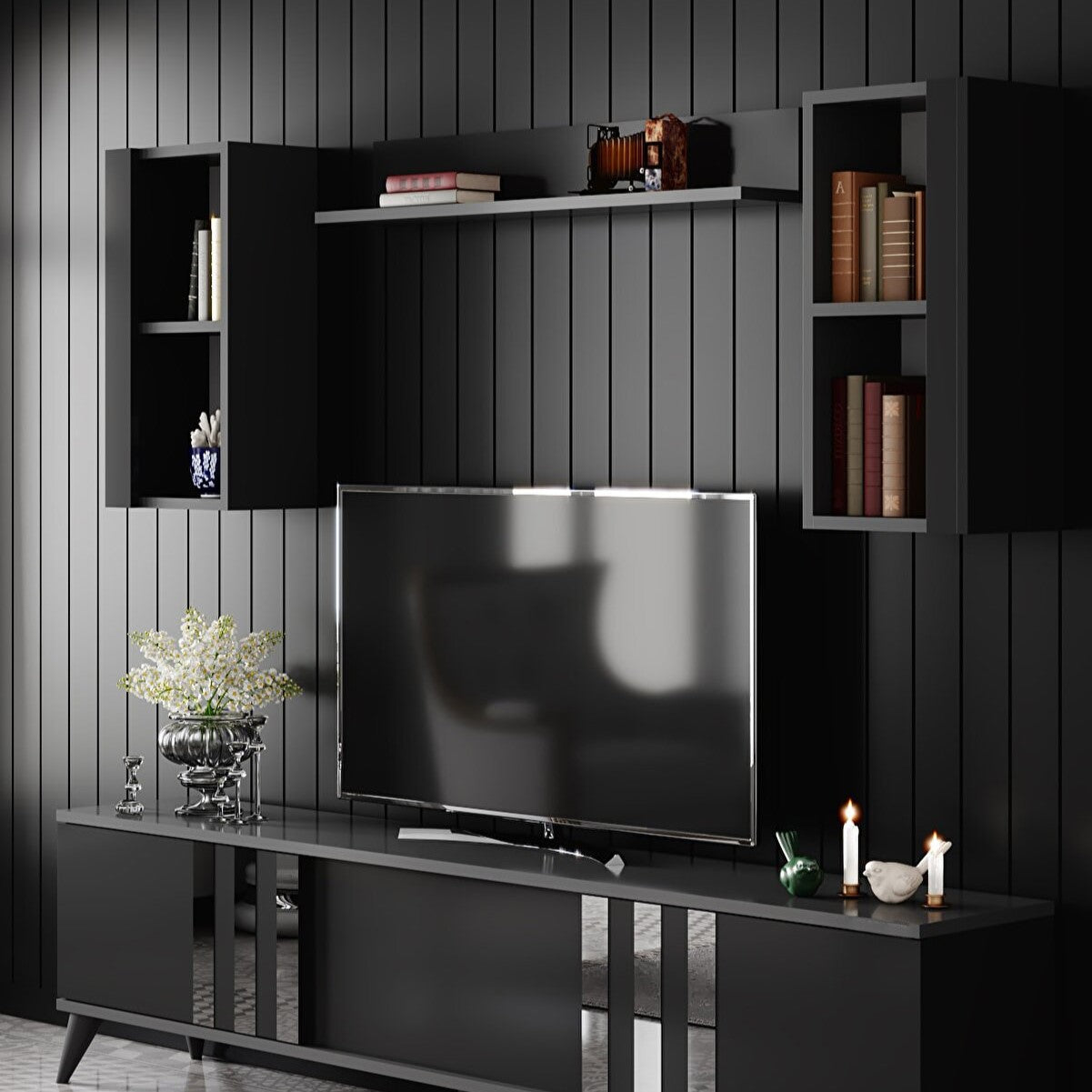 Meuble tv avec armoires murales 180 cm | Milano noir