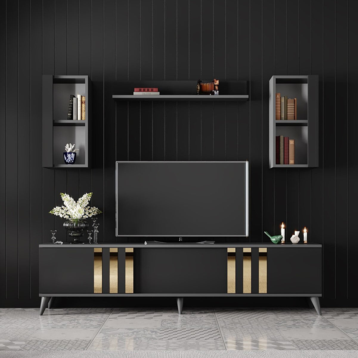 TV-meubel met wandkasten 180 cm | Milaan Zwart